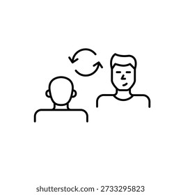 2 men in conversation, on date or job interview. Meeting update, relationship refresh, interview renewal. Pixel perfect, editable stroke vector icon