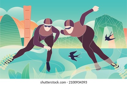 2 men doing sports exercises on a snowboard. Vector graphic illustration