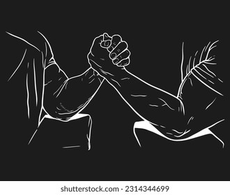 2 hombres luchando con el brazo. Ilustración de líneas vectoriales dibujadas a mano