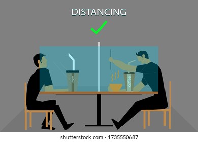 2 men are friends at work.and when it time to rest,sit and dine on a glass-screened table that the company has prepared for the prevention of the virus covid-19