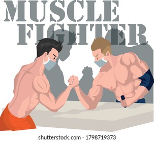 2 men with medical mask are doing arm wrestling