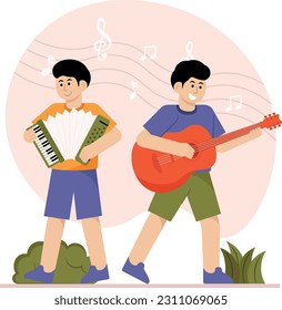 2 Hombres Están Realizando Instrumentos Musicales Ilustración
