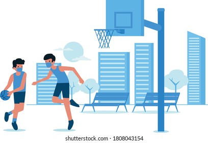 2 men are playing basketball together at basketball court illustration