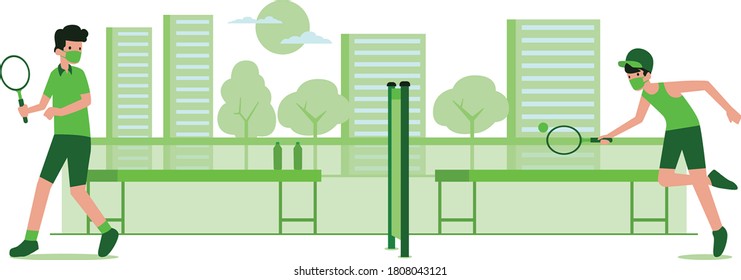 2 Men are playing tennis together at tennis court illustration