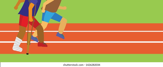 2 Men in race track one is disable man with splint and crutch, one is normal runner