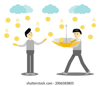 2 men receiving golden coin falling from the sky. the other holding umbrella upside down to get coins.