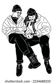 2 hombres sentados y hablando
La gente urbana. Ilustración de arte típica.