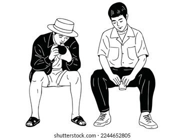 2 men sitting and talking Urban people. Typical art illustration.