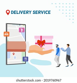 2 men standing receive gifts from smart phone screen, there is a hand hold present box pop up from phone , delivery online service with abstract background concept 