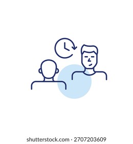 2 Männer sprechen und Uhr. Geplanter Termin, zeitlich abgestimmte Beratung und Therapiesitzung. Pixel perfekt, bearbeitbares Strichvektorsymbol