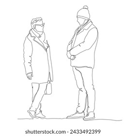 2 men talking, standing. Wearing warm clothes on cold day. Continuous line drawing. Black and white vector illustration in line art style.