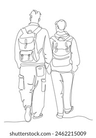 2 hombres turistas con mochilas caminando. Vista posterior. Dibujo de línea continua. Ilustración vectorial en blanco y negro en estilo line art.