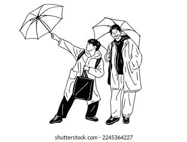 2 men walking holding an umbrella hand drawn illustration