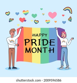 2 men and women raise the flag of gender freedom to show the freedom to choose gender and lifestyle. Template LGBTQ event banner design.