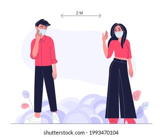 2 meter safe distance between masked characters. Vector illustration cartoon flat design. Modern style