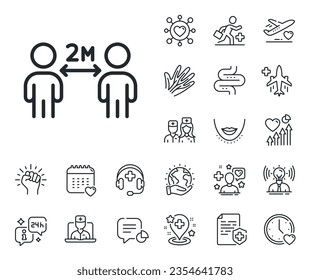 2 meters distance between sign. Online doctor, patient and medicine outline icons. Social distancing line icon. Coronavirus pandemic symbol. Social distancing line sign. Vector