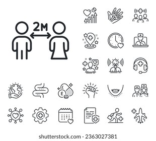 2 meters distance between sign. Online doctor, patient and medicine outline icons. Social distancing line icon. Coronavirus pandemic symbol. Social distancing line sign. Vector