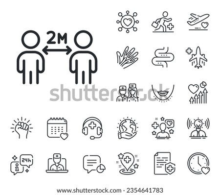 2 meters distance between sign. Online doctor, patient and medicine outline icons. Social distancing line icon. Coronavirus pandemic symbol. Social distancing line sign. Vector