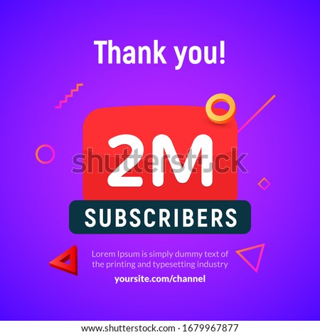 2 million followers vector post 2m celebration. Two millions subscribers followers thank you congratulation.