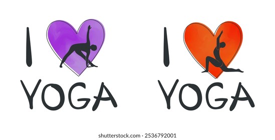 2 minimalist I Love Yoga vector designs featuring yoga pose silhouettes within heart shapes - one in purple and one in red. Each design shows different yoga positions with simple typography below.