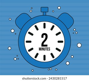 2 Minutes clock. Minute marker alarm isolated on blue background. Time counter clock vector