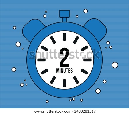 2 Minutes clock. Minute marker alarm isolated on blue background. Time counter clock vector