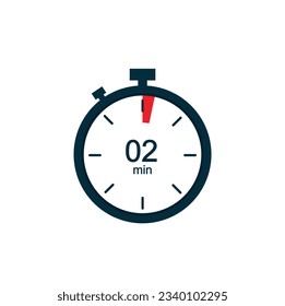 2 Minuten, 2 Minuten Stoppuhr Vektorsymbol. Stoppen Sie die Uhr Symbol im flachen Stil auf weißem Hintergrund. Vektorgrafik.