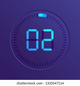 The 2 minutes, stopwatch vector icon, digital timer. Vector digital count down circle board with circle time pie diagram. Watch outline style design, designed for web and app.