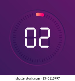 The 2 minutes, stopwatch vector icon, digital timer. Vector digital count down circle board with circle time pie diagram. Watch outline style design, designed for web and app.