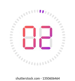The 2 minutes, stopwatch vector icon, digital timer. Vector digital count down circle board with circle time pie diagram. Watch outline style design, designed for web and app.