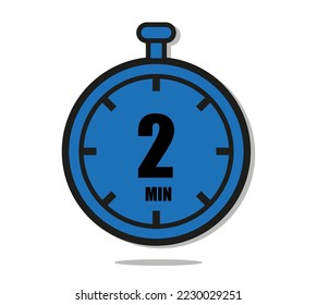 Icono de reloj con temporizador de 2 minutos de diseño plano aislado en fondo blanco. Ilustración vectorial en azul