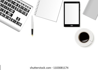 2. A mockup of office desk with a smartphone, a keyboard, notebooks and a cup of coffee. Realistic hadows. Vector illustration.