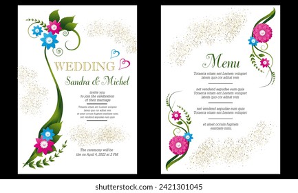 2 modelos de tarjetas para una boda, invitación y menú, con decoración floral en tonos pastel, azul y rosa sobre un fondo blanco.