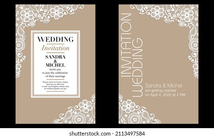 2 models of invitation cards for a wedding with a white lace decoration on a beige recycled paper background. 