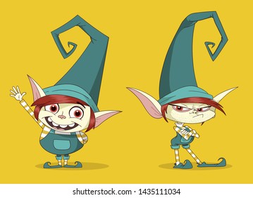 2 Modern cartoon elves, santa claus helpers