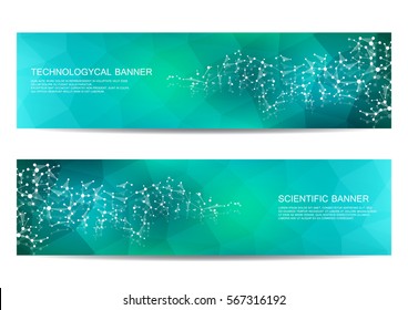 2 Modern Scientific Banners. Molecule Structure Of DNA And Neurons. Abstract Background. Medicine, Science, Technology, Business And Website Templates. Scalable Vector Graphics.