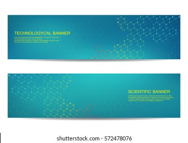 2 modern scientific banners. Molecule structure of DNA and neurons. Abstract background. Medicine, science, technology, business and website templates. Scalable vector graphics.