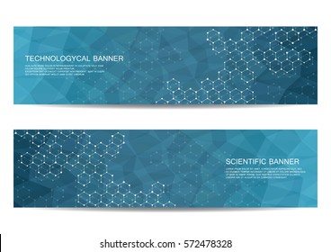 2 Modern Scientific Banners. Molecule Structure Of DNA And Neurons. Abstract Background. Medicine, Science, Technology, Business And Website Templates. Scalable Vector Graphics.