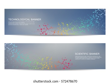 2 modern scientific banners. Molecule structure of DNA and neurons. Abstract background. Medicine, science, technology, business and website templates. Scalable vector graphics.