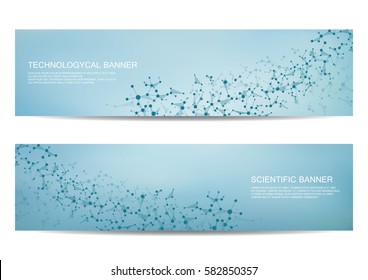 2 modern scientific banners. Molecule structure of DNA and neurons. Geometric abstract background. Medicine, science, technology, business and website templates. Scalable vector graphics.