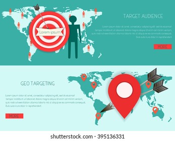 2 modern vector banners in a flat style. The concept of the target audience and geo targeting. Illustration of modern advertising, e-commerce and marketing. map, target, human and geolocation

