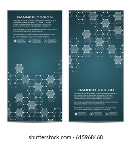 2 of modern vertical scientific banners. Molecular structure of DNA and neurons. Geometric abstract background. Medicine, science, technology, business and website templates. Vector illustration