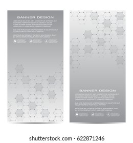 2 of modern vertical scientific banners. Molecular structure of DNA and neurons. Geometric abstract background. Medicine, science, technology, business and website templates. Vector illustration.