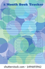 2 Month book tracker blank decorated with colorful bubbles, frames. Printable pages for task organization or planning, scrapbooking. Bullet journal template. Additional lines for notes. Cute design.