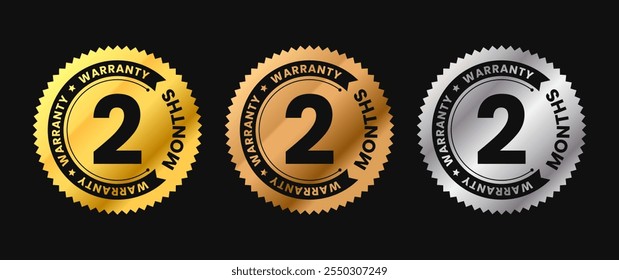 2 months warranty icon in gold circle with circular text. Two months warranty label in gold, bronze, silver colors. Vector illustration