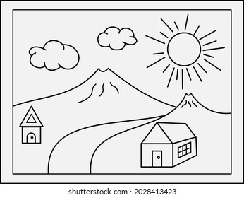 2 mountain and home. Black and white vector illustration for coloring book
