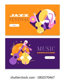 2 music horizontal bright web banner. musical instrument illustration vector. Music concept for event with geometry and abstract shapes. Creative invitation