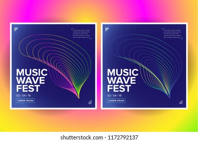 2 Music wave poster design. Sound flyer with abstract gradient line waves. Isolated vector illustration.