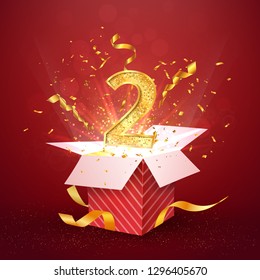 2 nd year number anniversary and open gift box with explosions confetti. Template two second birthday celebration on red background vector Illustration.