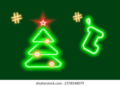 2 Neon glowing Christmas tree and gift sock with hashtags. Concept for icons, search, greetings. EPS